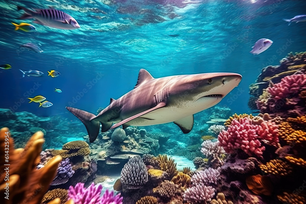 Fototapeta premium shark swims underwater on the background of coral reefs