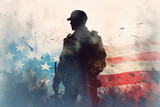Patriot day concept. Silhouette of soldier with weapons on background of American flag, USA Independence Day
