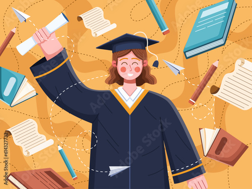A vector illustration of a person happily celebrating their graduation while holding their diploma and wearing a traditional graduation gown.
Suitable for greeting card, postcard, banner, web, poster