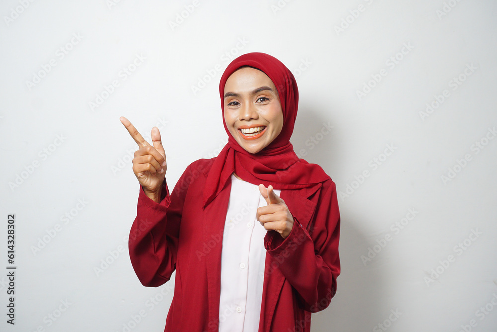 Asian business Muslim woman ini red casual smiling happy and looking confident Asian business Muslim woman ini red casual smiling happy and looking confident