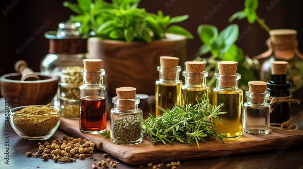 Small bottles of essential oil, herbs and spices. Still life of natural herbalist medicine product. For spa and healing center. Wellness and healthy life style concept. Ai generated Small bottles of essential oil, herbs and spices. Still life of natural herbalist medicine product. For spa and healing center. Wellness and healthy life style concept. Ai generated