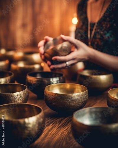 Set of Tibetan bells in a buddhist temple. Himalyan singing bowls. Ai generated photo