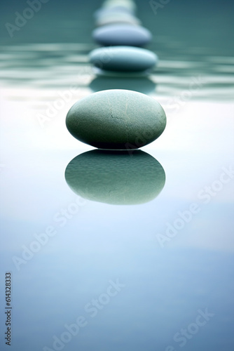 A line of stones  a row of pebbles on the water. Ai background with copy space  for spa and yoga center advertising. Harmony and quiet relaxation concept. Forward progress towards the meditation goal