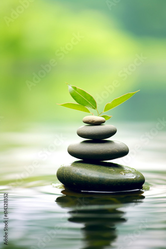 Balanced pile of zen stones and leaves in a calm stream. Concept for focused concentration, harmony and spiritual meditation. Wellness mood. Background idea with copy space for spa advertising. AI
