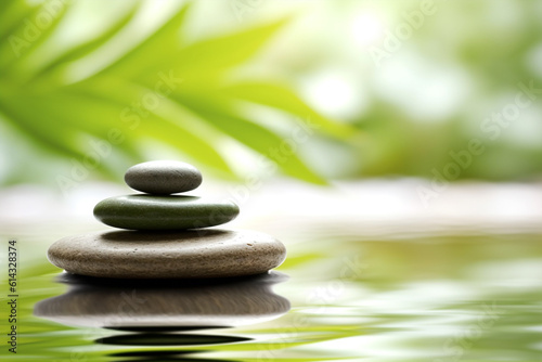 Spa still life with stack of stones on water  AI generated background  copy space. Wellness and harmony concept. Spiritual zen way of life for Quiet Thoughts  calm mind. Symbol of natural health