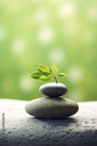 zen stones and green leaves, wellness concept for spa advertising. Background with stack of balanced pebbles. Quiet meditation concept. Ai generative image for prints with copy-space