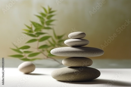 Stacked zen stones with leaves  concept on meditation  concentration and healthy way of life. Ai generated wallpaper background with copy-space. Symbol for inner equilibrium and balance