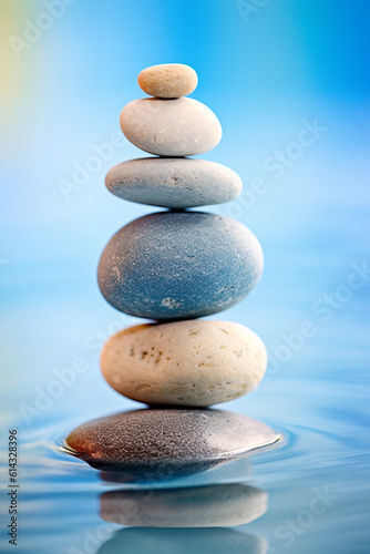 a stack of rocks sitting on top of a body of water  minimalism  vertical blue background. Tower of stones. Ai generated wallpaper for yoga center and spa ad. Mindfulness and inner balance concept