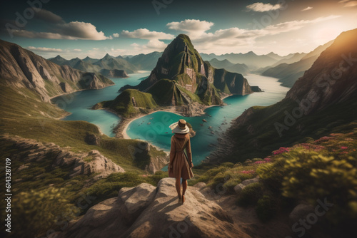Beautiful woman standing on the edge of the cliff and looking at the lake