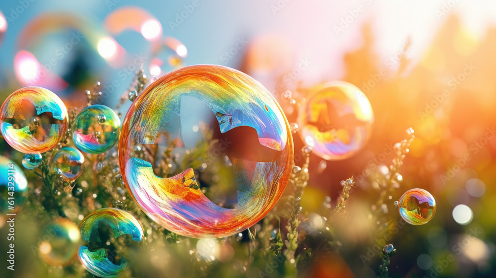 Big soap colorful bubbles, blur summer background. Big soap colorful bubbles, blur summer background.