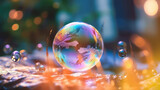 Big soap colorful bubbles, blur summer background.
