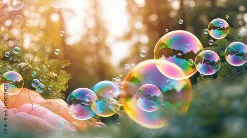 Big soap colorful bubbles, blur summer background.