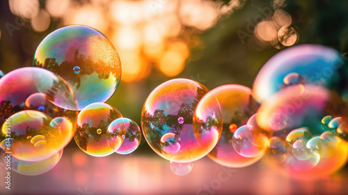 Big soap colorful bubbles, blur summer background.