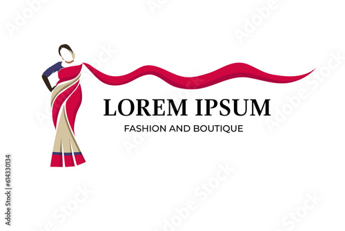 Saree logo design with women figure template. Women india dress or clothing logo design.