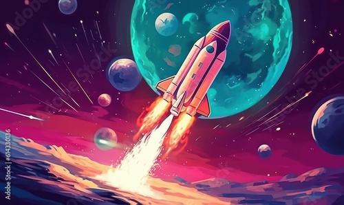 Fotografia Rocket Launching to Space Background, Space Exploration Illustration