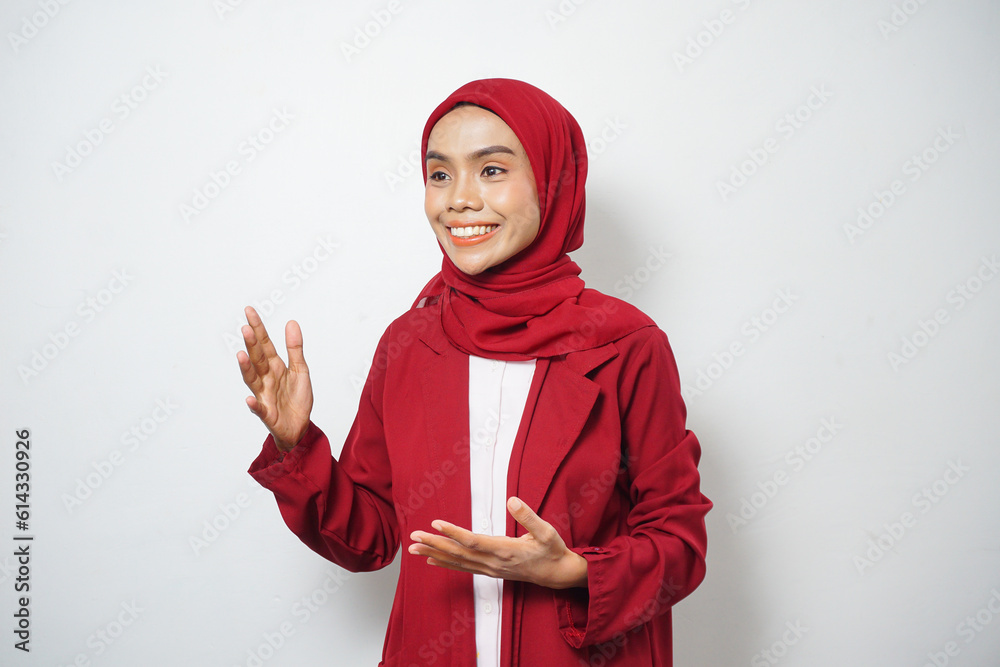 Asian business Muslim woman ini red casual smiling happy and looking confident Asian business Muslim woman ini red casual smiling happy and looking confident