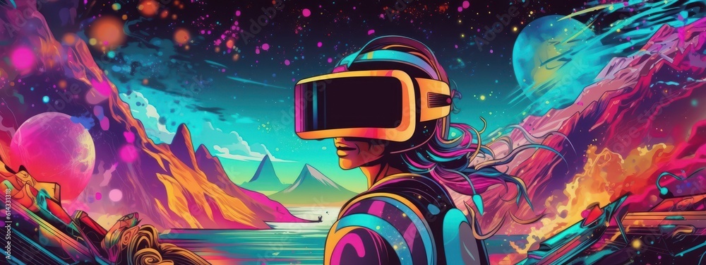 Obraz premium Woman with VR Headset Exploring the Metaverse, Virtual Reality Glasses of Modern Technology. Generative Ai