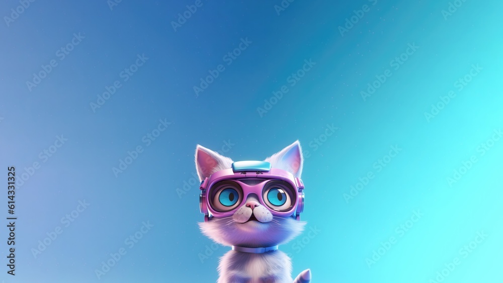 A Cute Cartoon Cat With Vr Glasses Character Designs Mauve Sky Blue Pink. Generative AI