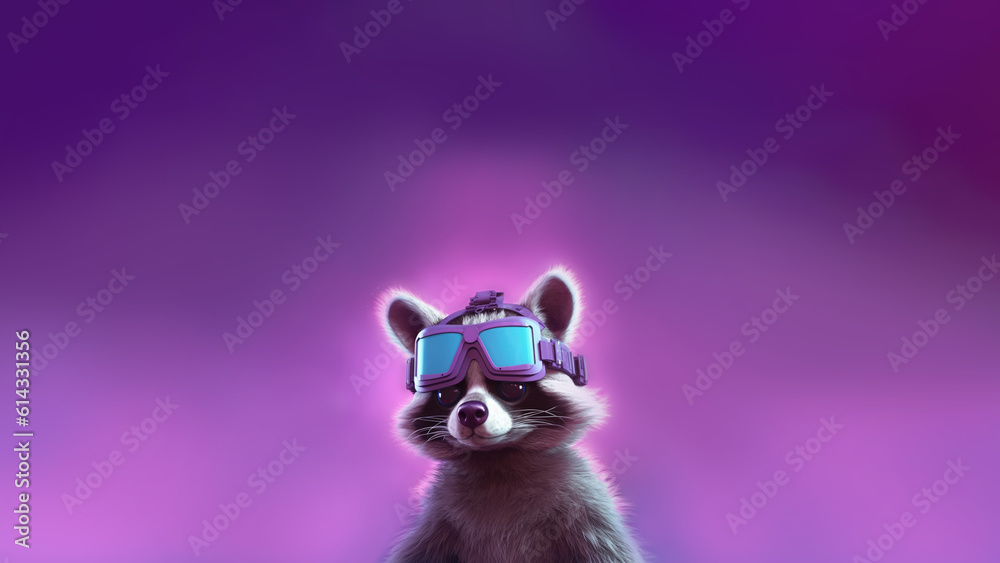A Cute Cartoon Raccoon With Vr Glasses Character Designs Mauve Sky Blue Pink. Generative AI