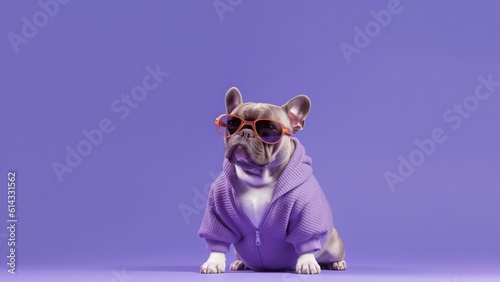 A Dog Bulldog With Sunglasses A Sweatshirt Lavender Purple Background. Generative AI