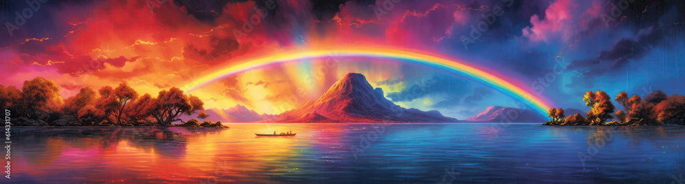 Nightfall A Vibrant Rainbow Emerging As The Sun Sets Against The Darkening Sky. Generative AI