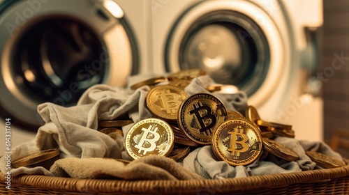 Pile Of Bitcoins In A Laundry Basket With Washing Machines In The Background. Generative AI