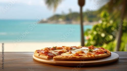 Pizza Slice On A Wooden Table Backdrop Of The Bergue Thailand Cafe. Generative AI