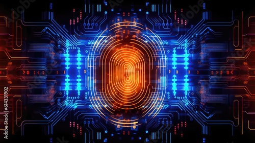 Biometric Authentication Fingerprint Scanning Circuit Board Background Blue Orange. Generative AI