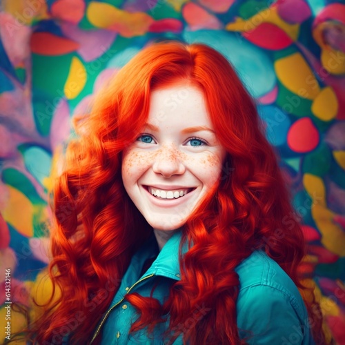 Portrait of a woman with freckles in red hair in colorful background  created with generative AI.