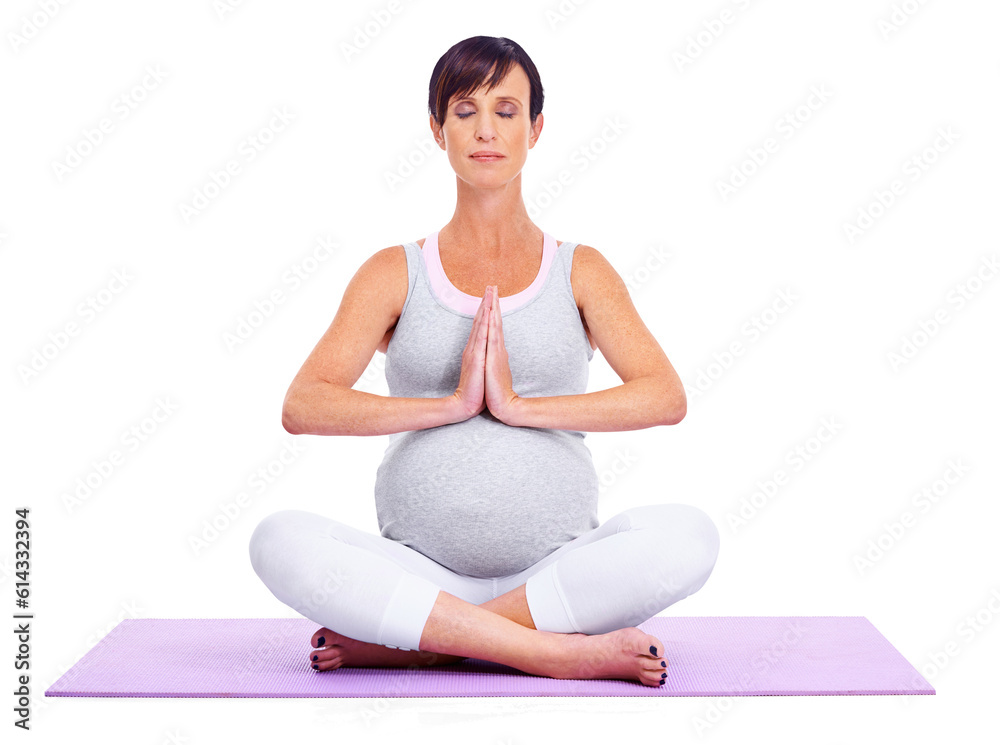 Pregnant, yoga and a meditation exercise with a woman isolated on transparent, png background. Female model person on a mat to meditate for a healthy pregnancy, fitness or health and wellness or zen Pregnant, yoga and a meditation exercise with a woman isolated on transparent, png background. Female model person on a mat to meditate for a healthy pregnancy, fitness or health and wellness or zen