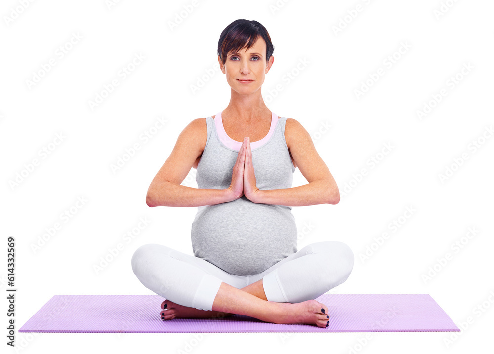 Pregnant, meditation exercise and yoga with a woman isolated on transparent, png background. Female model portrait on a mat to meditate for a healthy pregnancy, fitness or health and wellness or zen Pregnant, meditation exercise and yoga with a woman isolated on transparent, png background. Female model portrait on a mat to meditate for a healthy pregnancy, fitness or health and wellness or zen