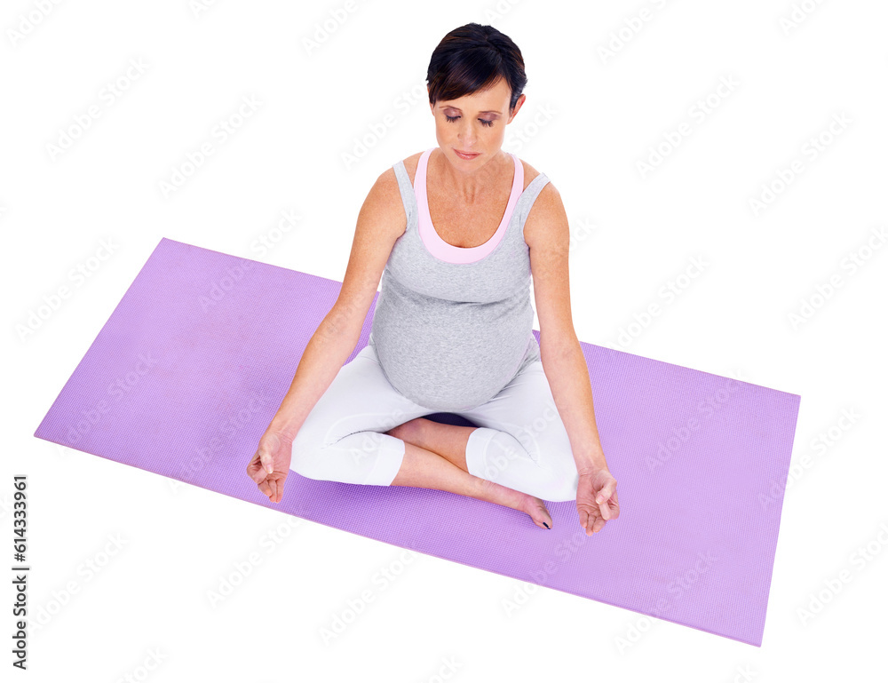 Meditation exercise, yoga and lotus with a pregnant woman isolated on transparent, png background. Above female model person on a mat to meditate for healthy pregnancy, fitness or health and wellness Meditation exercise, yoga and lotus with a pregnant woman isolated on transparent, png background. Above female model person on a mat to meditate for healthy pregnancy, fitness or health and wellness