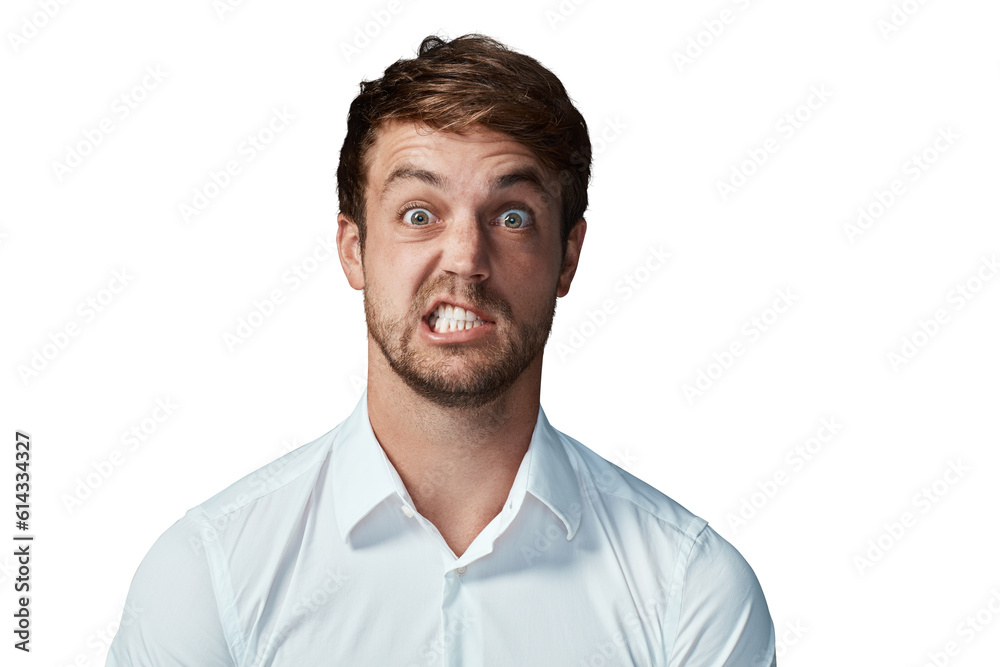 Funny, face and portrait of man on transparent background for goofy