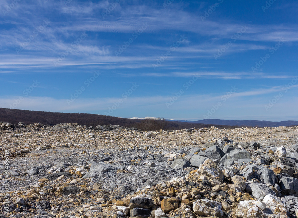The surface of a mountain plateau with a shallow stone structure , upper angle, close-up.