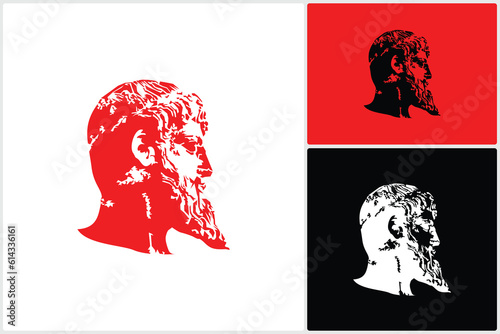 Black White Man with Beard Mustache Drawing like Zeus Neptune Poseidon Triton Face Greek God Mythology Illustration Logo Vector Design