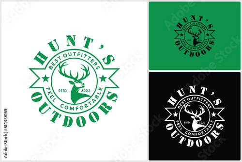 Deer Hunter Logo Badge Emblem Label Vector Design Template. Vector Illustration of Deer Head Stamp Label for Hunter Club, Brand of Fashion