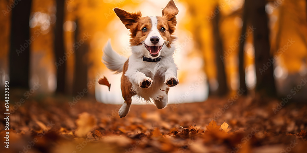 Dog jumping in leaves, autumn, generative AI