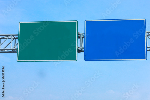 Blank road sign on blue sky background.  blue road sign to pass your information