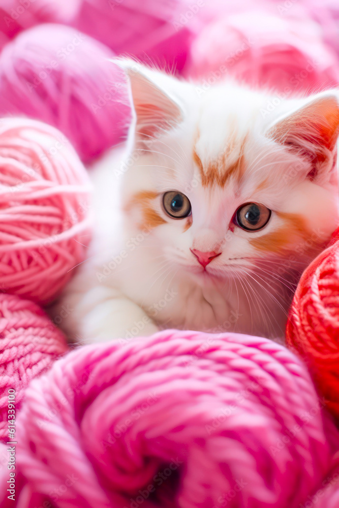 Cute white kitten with red eyes lying on pink knitted yarn balls. Generative AI. Cute white kitten with red eyes lying on pink knitted yarn balls. Generative AI.