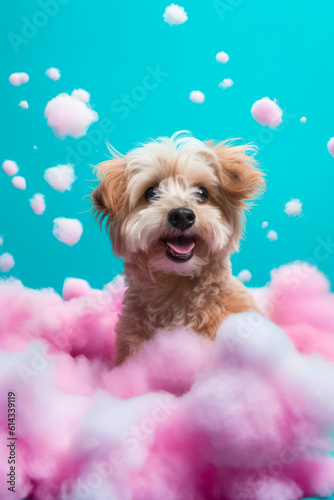 Cute dog with pink clouds on blue background. Studio shot. 
