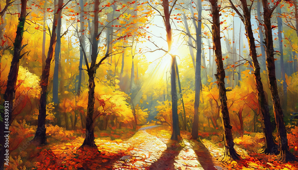 Oil painting landscape - autumn forest, full of fallen leaves, colorful picture , abstract drawing. Generative ai