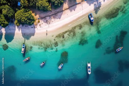 Above view of the Tropical island beach with sand as seashore as the tropical island in a coral reef ,blue and turquoise sea with the boats background