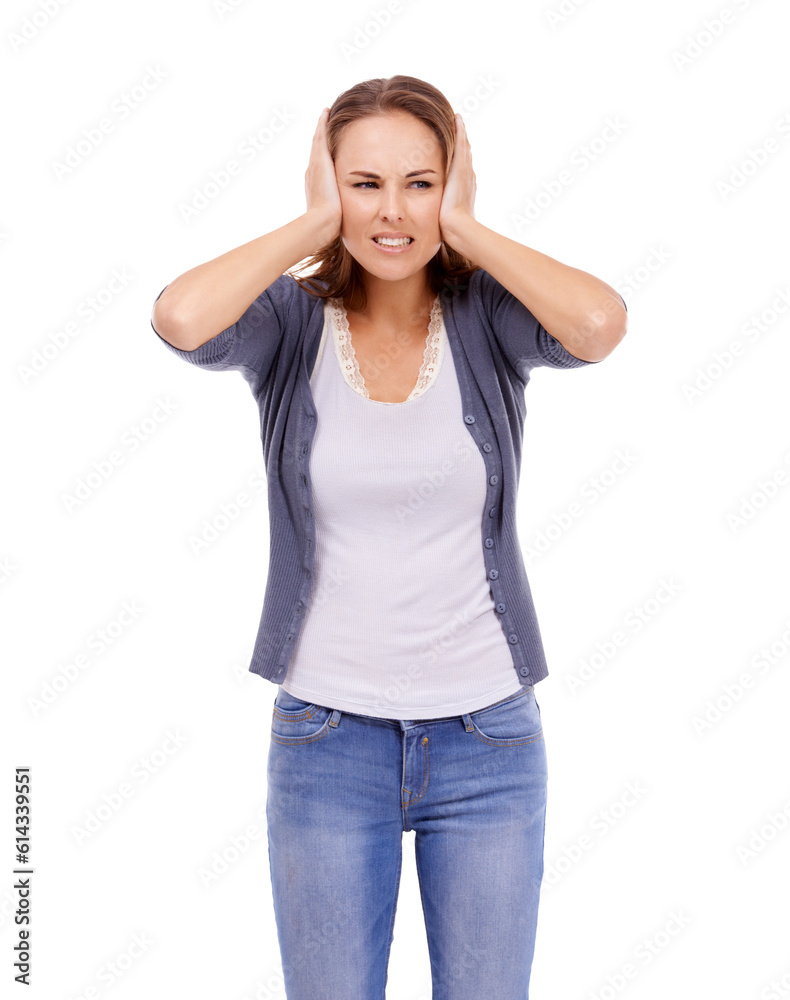 Loud, noise and woman cover ears for quiet on isolated, PNG and transparent background. Stress, frustrated and upset female person closing ear for sound complaint, hearing and silent distraction Loud, noise and woman cover ears for quiet on isolated, PNG and transparent background. Stress, frustrated and upset female person closing ear for sound complaint, hearing and silent distraction
