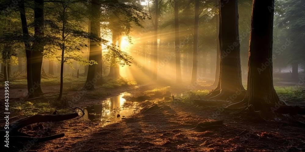 Obraz premium Forest in the morning in a fog in the sun, trees in a haze of light, glowing fog among the trees