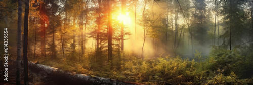 Forest in the morning in a fog in the sun, trees in a haze of light, glowing fog among the trees