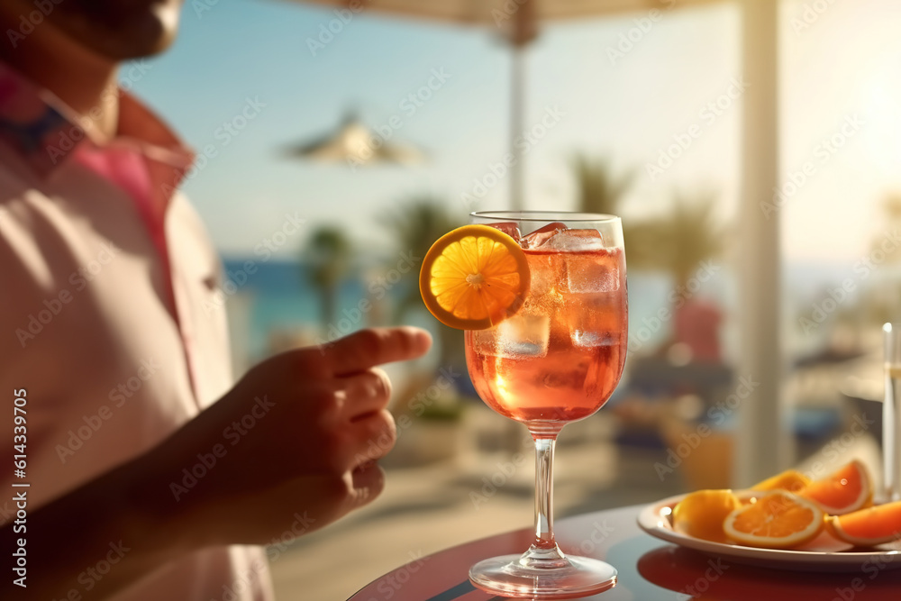 A man on the beach drinks a cocktail. Generative AI