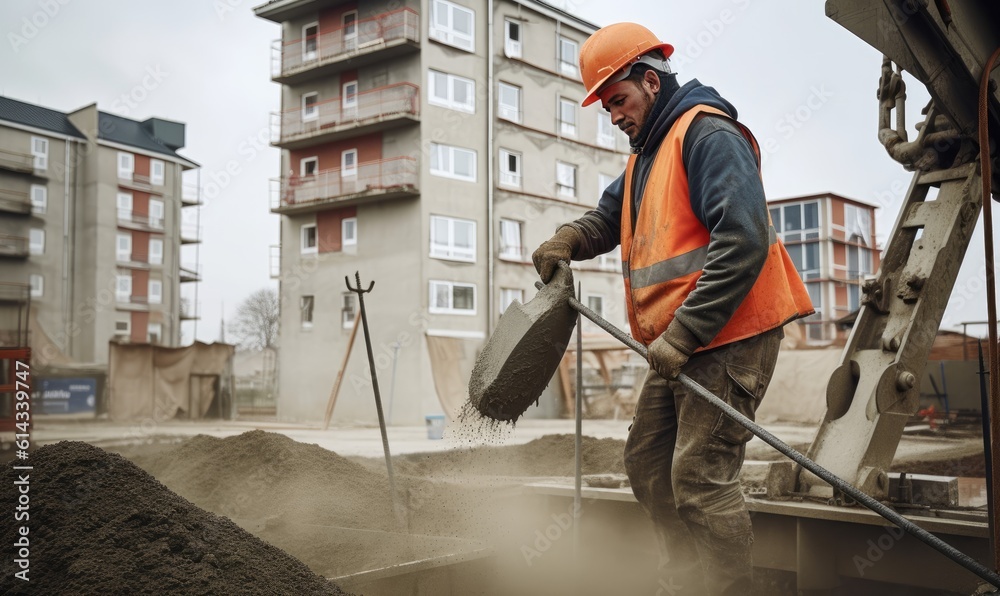A construction worker guiding the flow of liquid concrete. Creating using generative AI tools