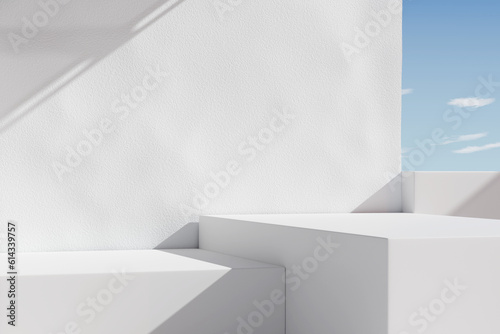 Product display podium stand with white plaster wall and blue sky background. 3D rendering