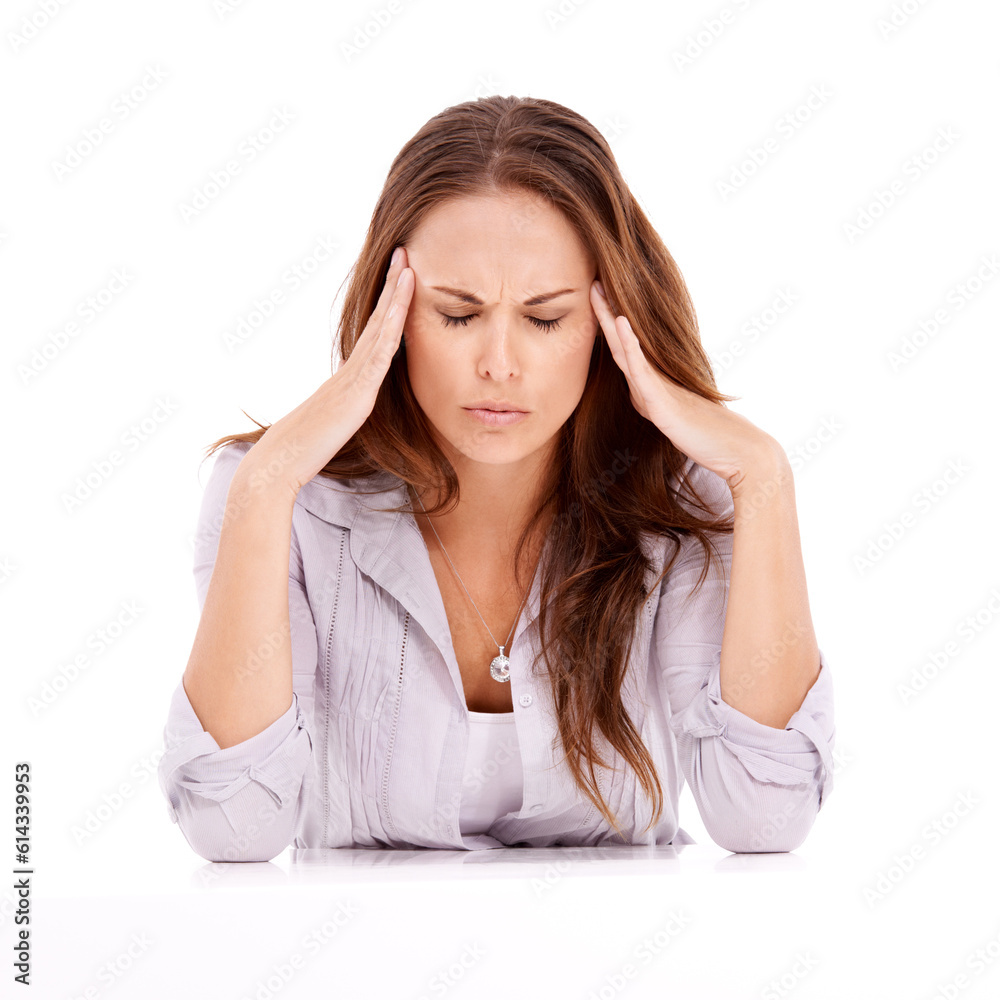Stress, headache and frustrated woman with pain on isolated, PNG and transparent background. Mental health, depression and face of upset female person with migraine from problem, crisis and anxiety Stress, headache and frustrated woman with pain on isolated, PNG and transparent background. Mental health, depression and face of upset female person with migraine from problem, crisis and anxiety