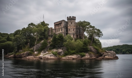 The remote small island housed a derelict, abandoned old castle Creating using generative AI tools © uhdenis